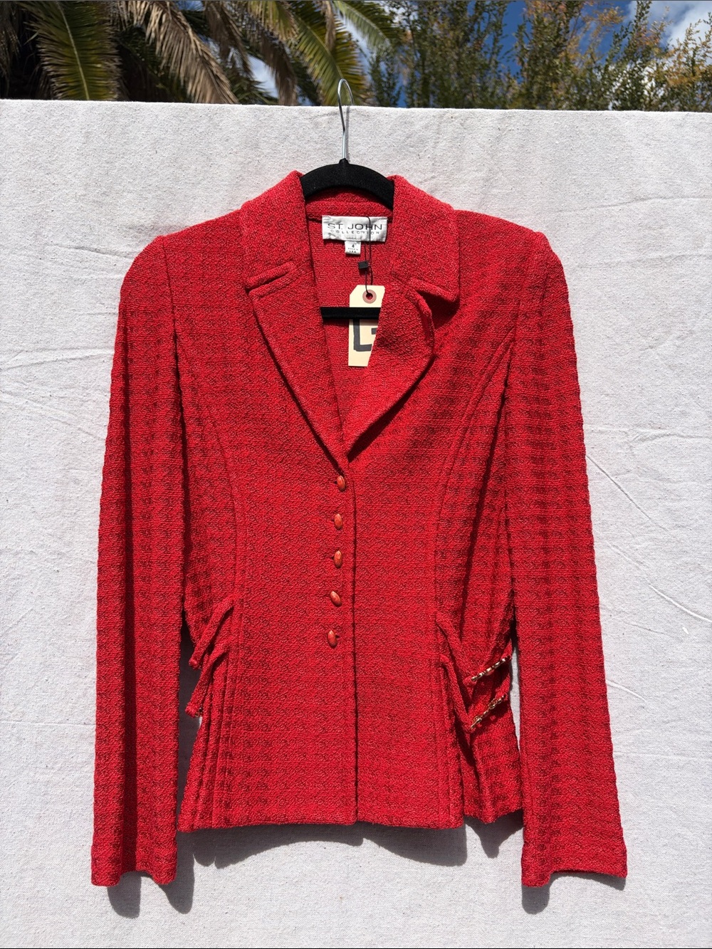 St. John Red Knit Blazer Jacket with Notched Collar